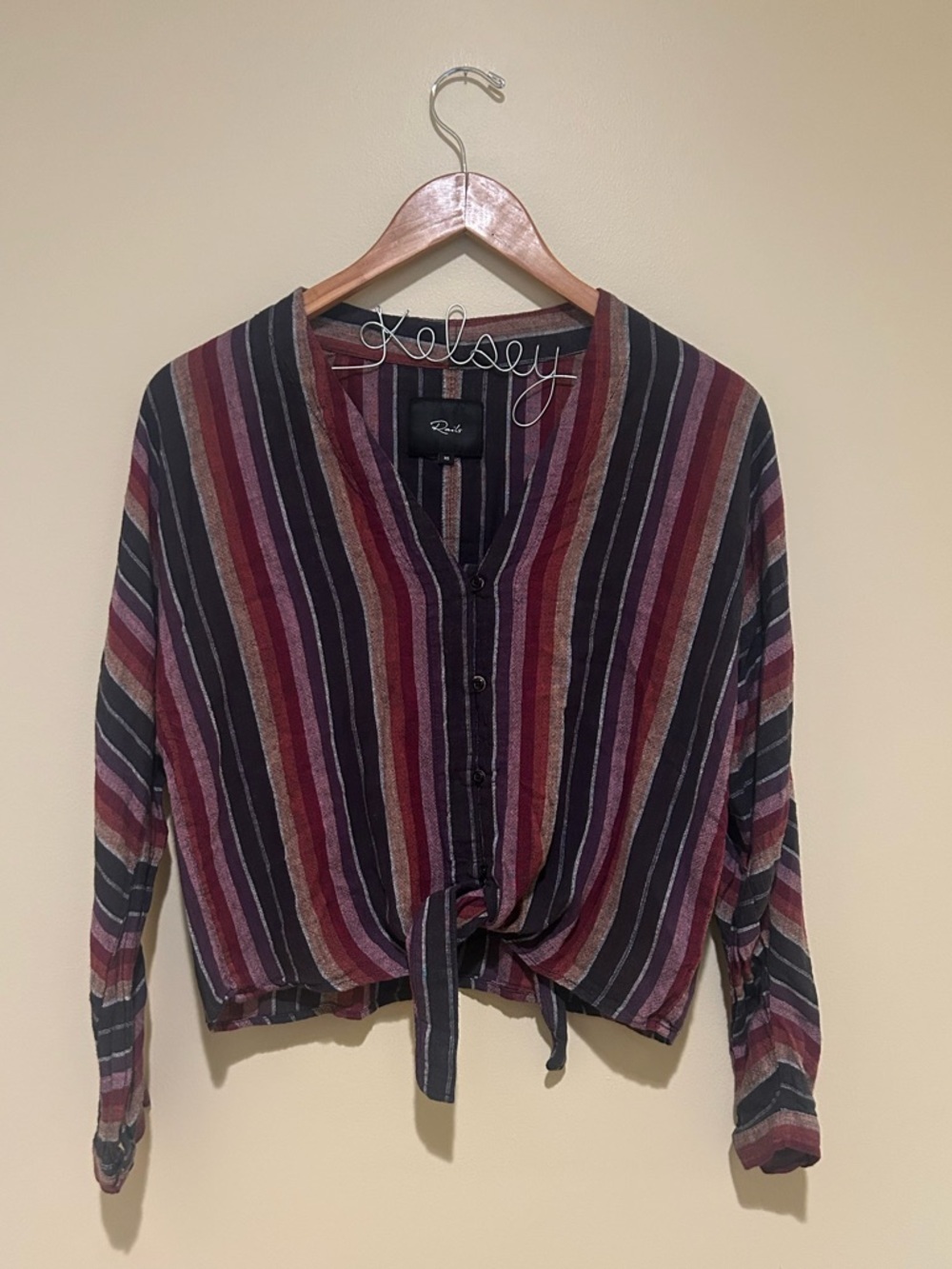 Rails Striped Button-Front Tie Hem Shirt - Burgundy, Navy, Olive Size XS Hippie